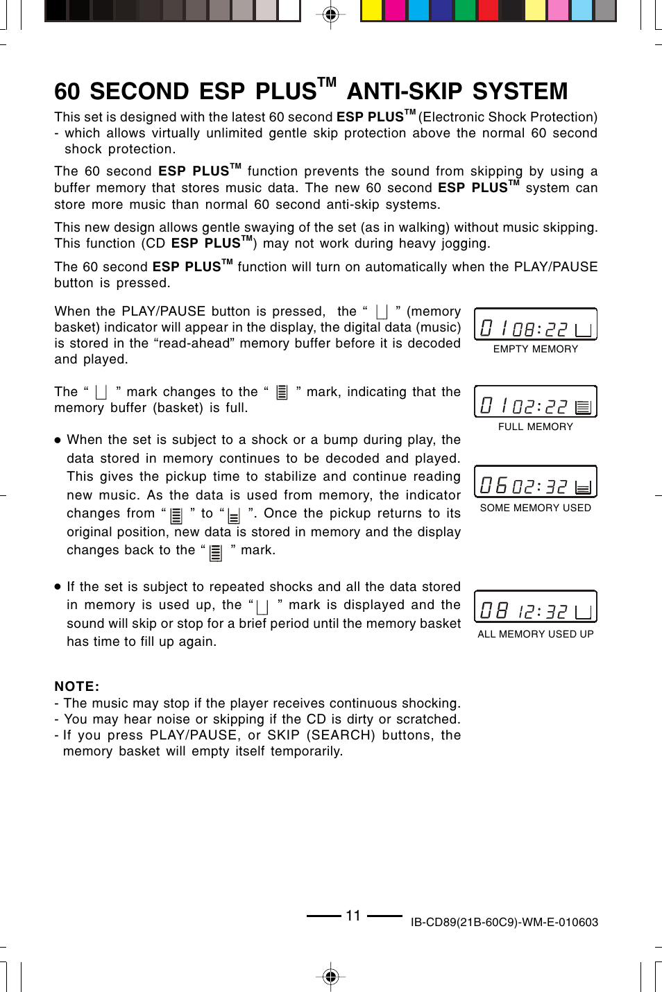 60 second esp plus, Anti-skip system | Lenoxx Electronics CD-89 User Manual | Page 12 / 17