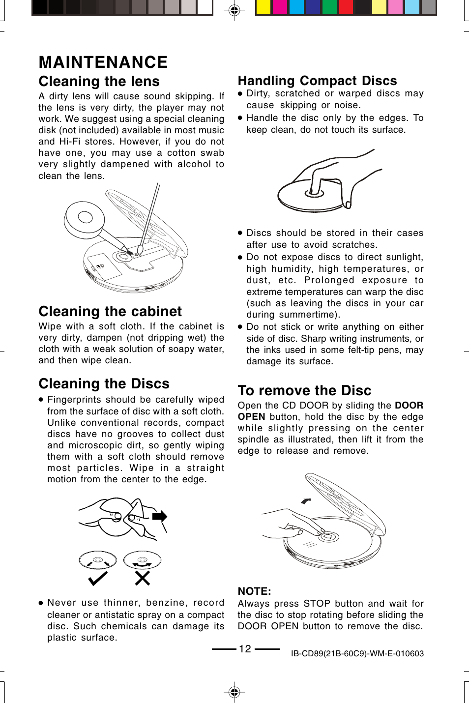 Maintenance, Cleaning the cabinet, Cleaning the lens | Cleaning the discs, Handling compact discs | Lenoxx Electronics CD-89 User Manual | Page 13 / 17