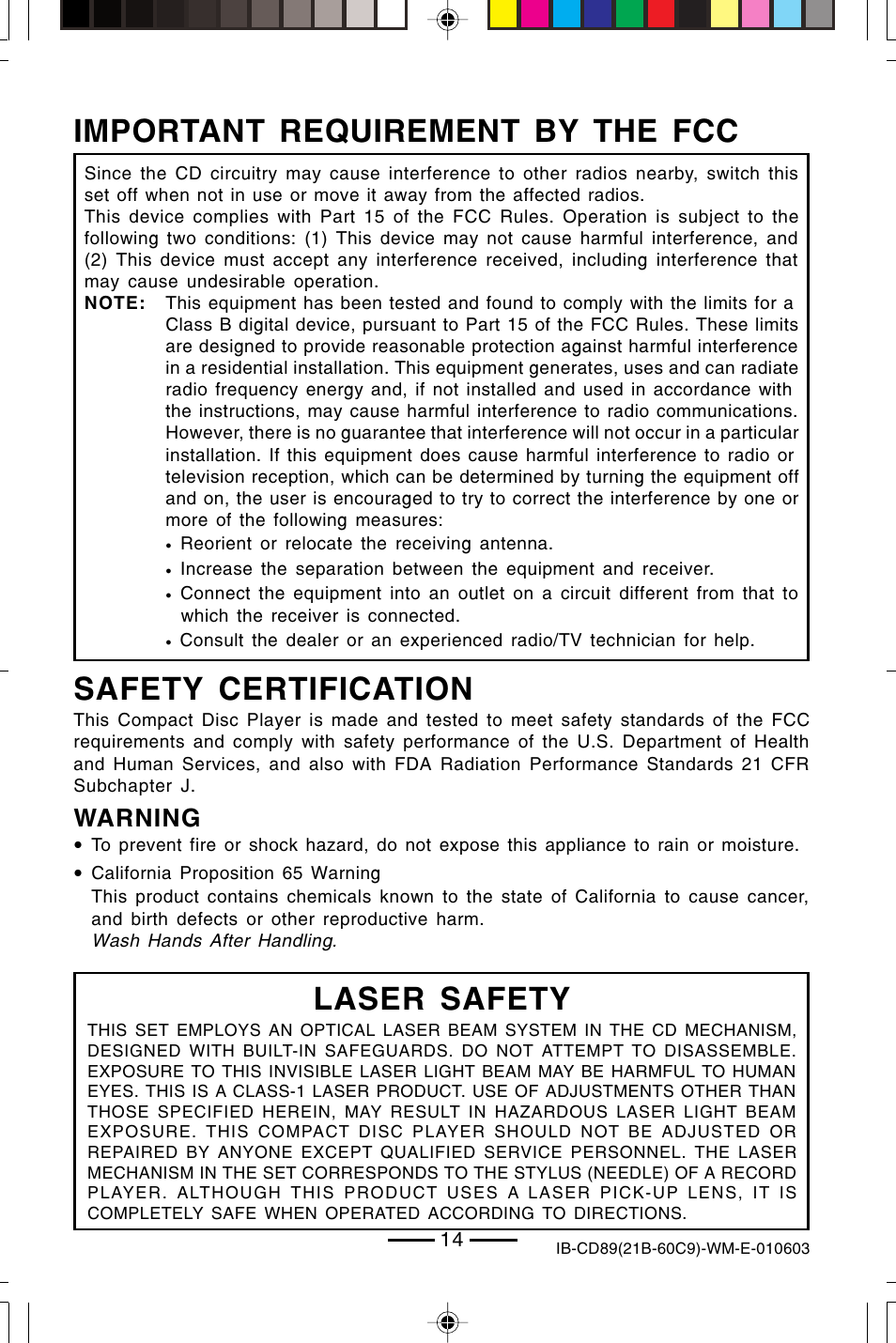 Safety certification, Important requirement by the fcc, Laser safety | Warning | Lenoxx Electronics CD-89 User Manual | Page 15 / 17
