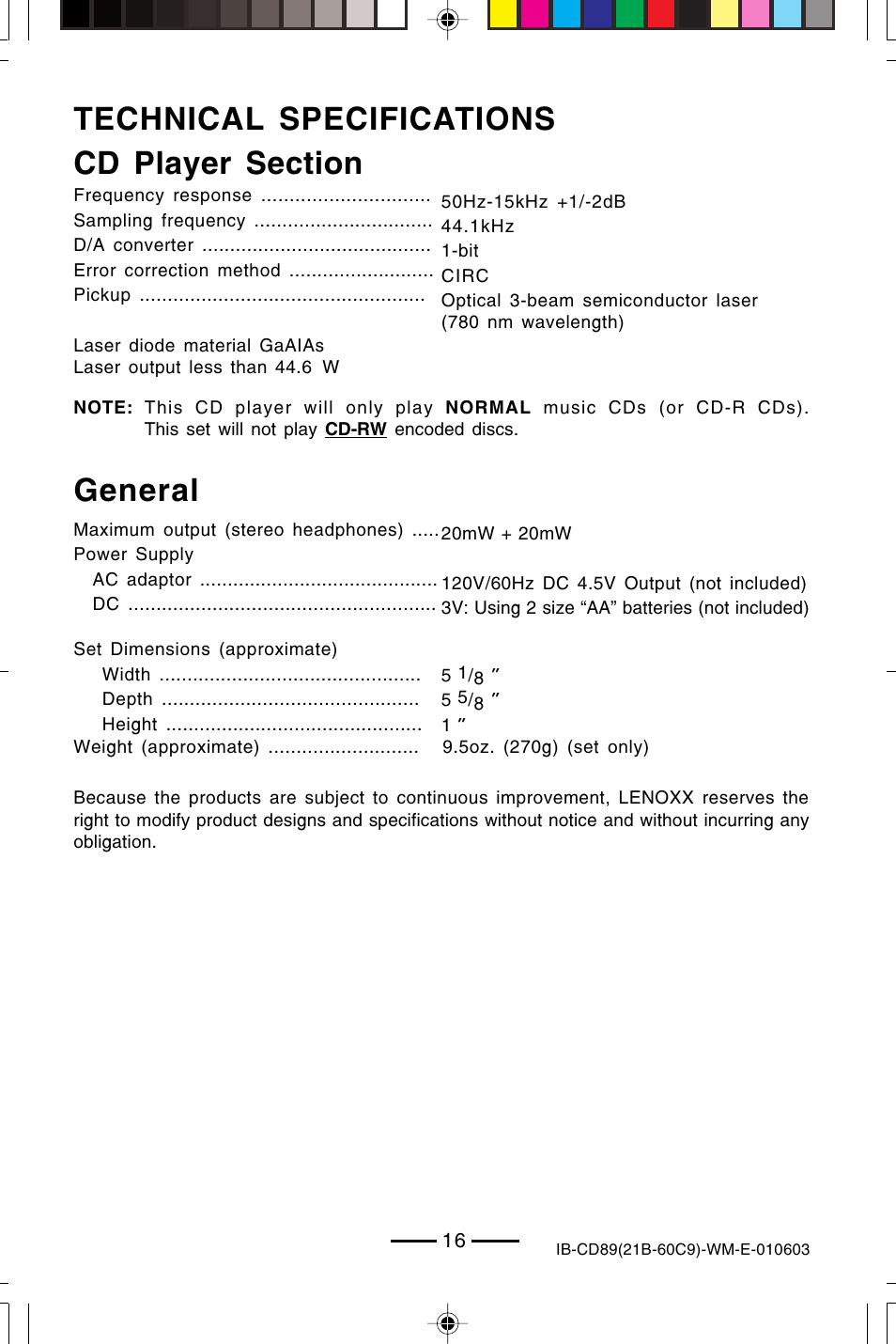 General | Lenoxx Electronics CD-89 User Manual | Page 17 / 17