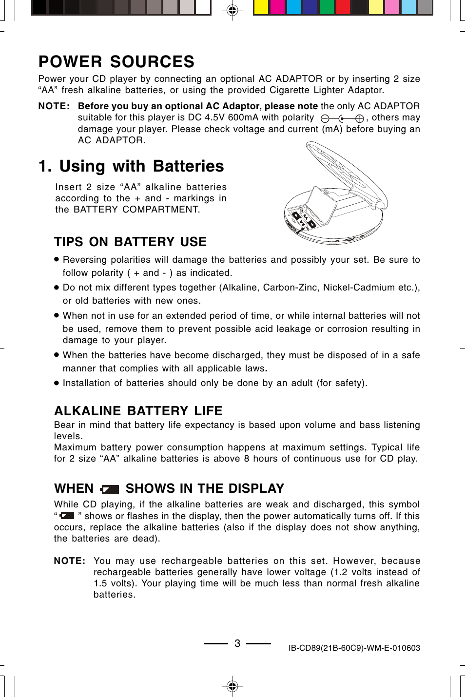 Power sources, Using with batteries, Alkaline battery life | Tips on battery use, When shows in the display | Lenoxx Electronics CD-89 User Manual | Page 4 / 17