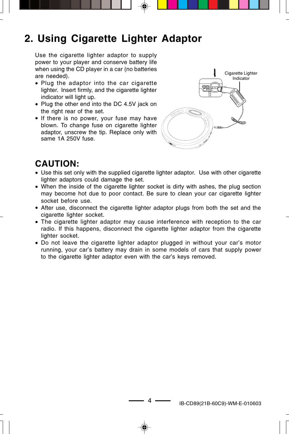 Using cigarette lighter adaptor, Caution | Lenoxx Electronics CD-89 User Manual | Page 5 / 17
