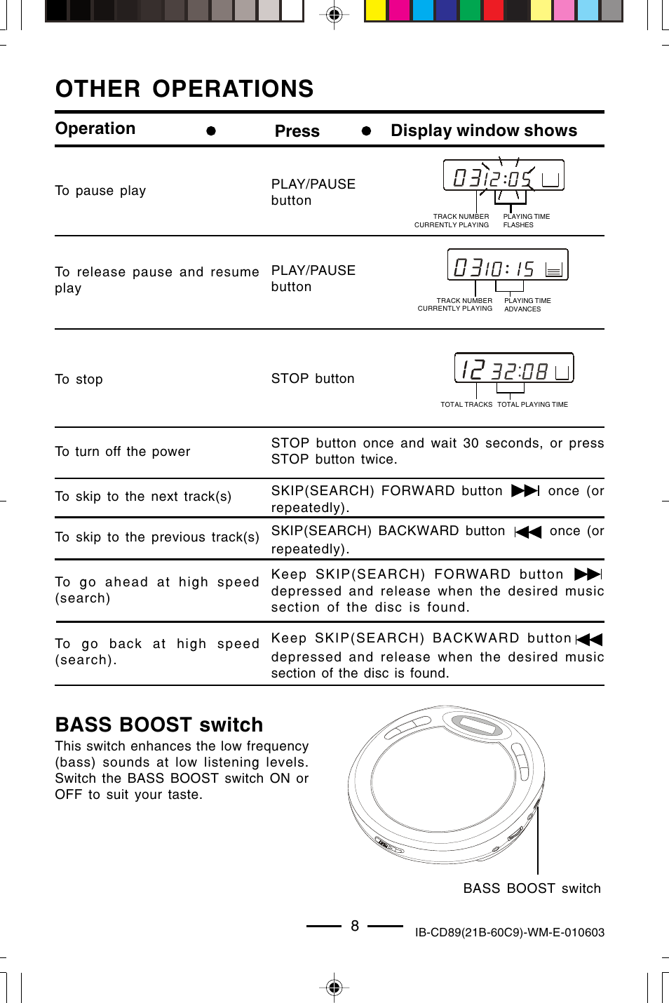 Other operations, Bass boost switch, Operation press display window shows | Lenoxx Electronics CD-89 User Manual | Page 9 / 17