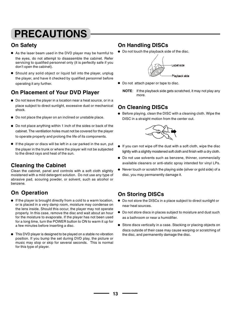 Precautions, On safety, On operation | On placement of your dvd player, Cleaning the cabinet, On cleaning discs, On handling discs, On storing discs | Lenoxx Electronics DVD-2002 User Manual | Page 14 / 30