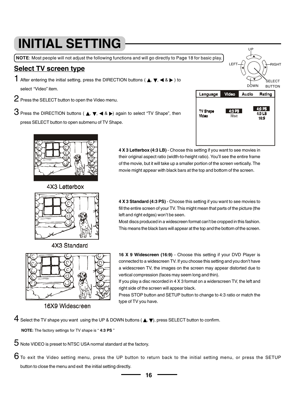 Initial setting, Select tv screen type | Lenoxx Electronics DVD-2002 User Manual | Page 17 / 30