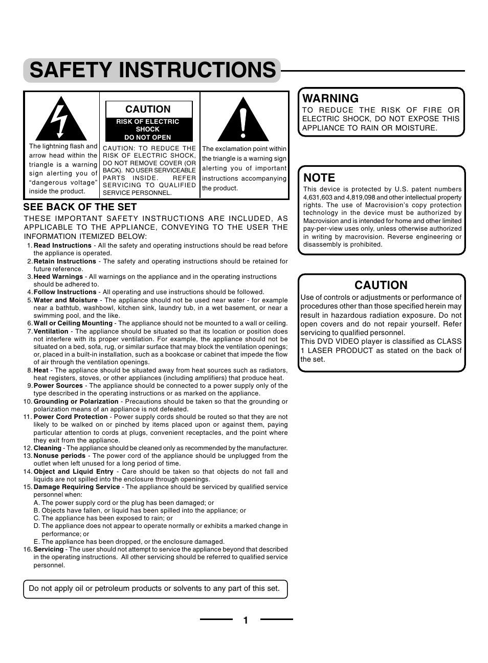 Safety instructions, Warning, See back of the set | Caution | Lenoxx Electronics DVD-2002 User Manual | Page 2 / 30