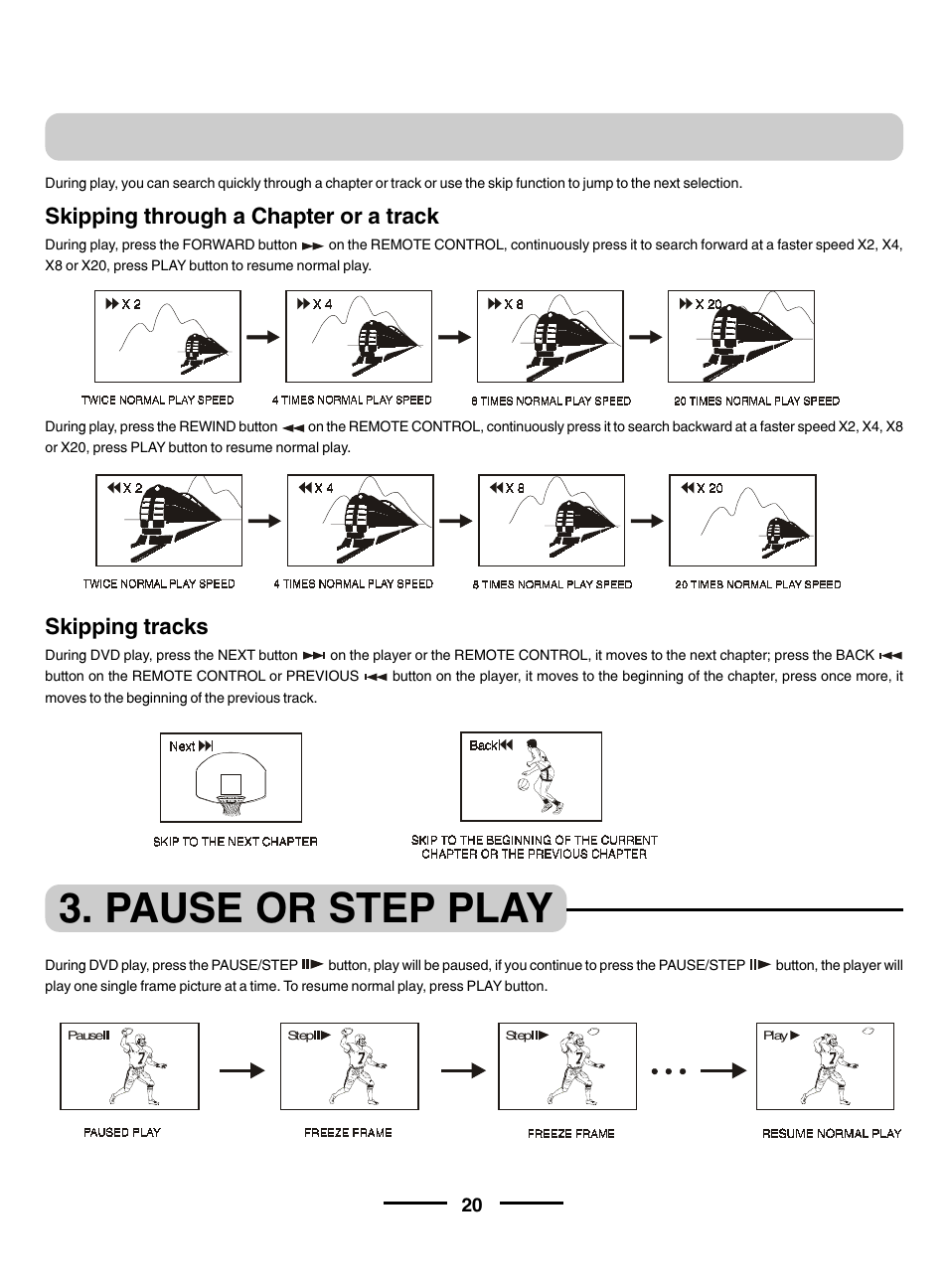 Using the search & skip functions, Pause or step play, Skipping tracks | Skipping through a chapter or a track | Lenoxx Electronics DVD-2002 User Manual | Page 21 / 30