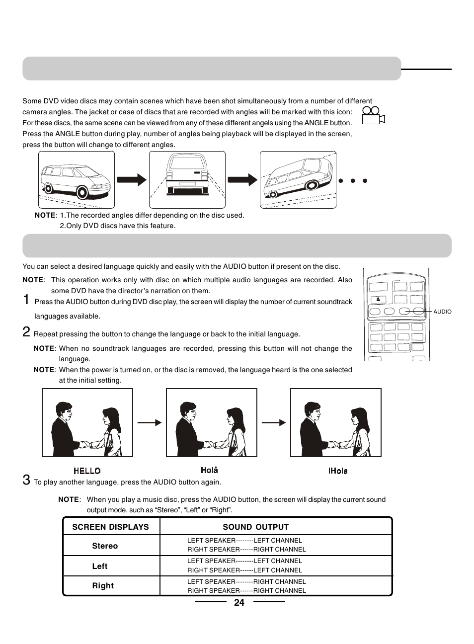 Viewing from a desired angle, Selecting audio soundtrack language, Dvd only) | Lenoxx Electronics DVD-2002 User Manual | Page 25 / 30