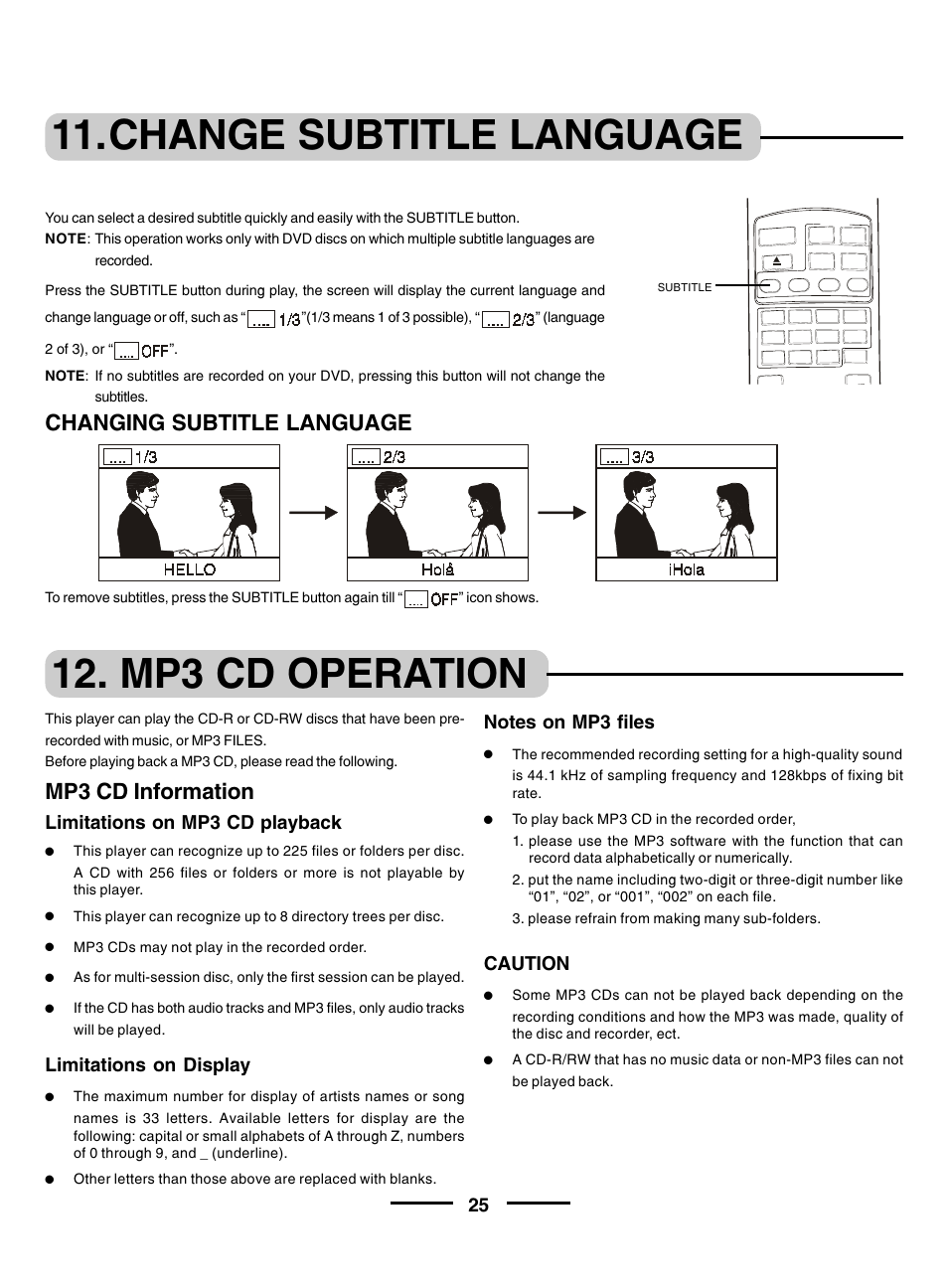 Change subtitle language, Mp3 cd operation, Dvd only) | Changing subtitle language, Mp3 cd information | Lenoxx Electronics DVD-2002 User Manual | Page 26 / 30