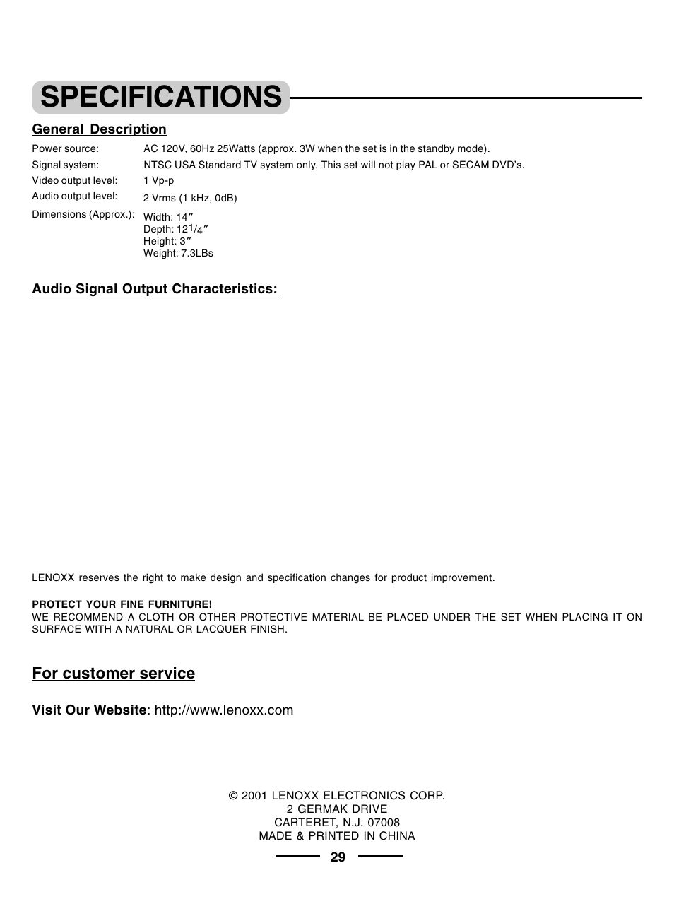 Specifications, For customer service | Lenoxx Electronics DVD-2002 User Manual | Page 30 / 30