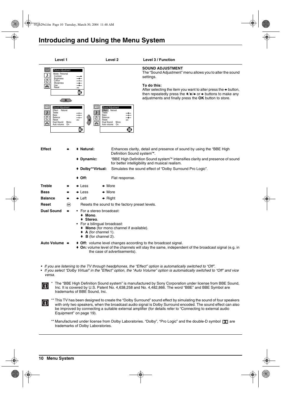 Introducing and using the menu system | Sony KV-29XL71K User Manual | Page 10 / 124