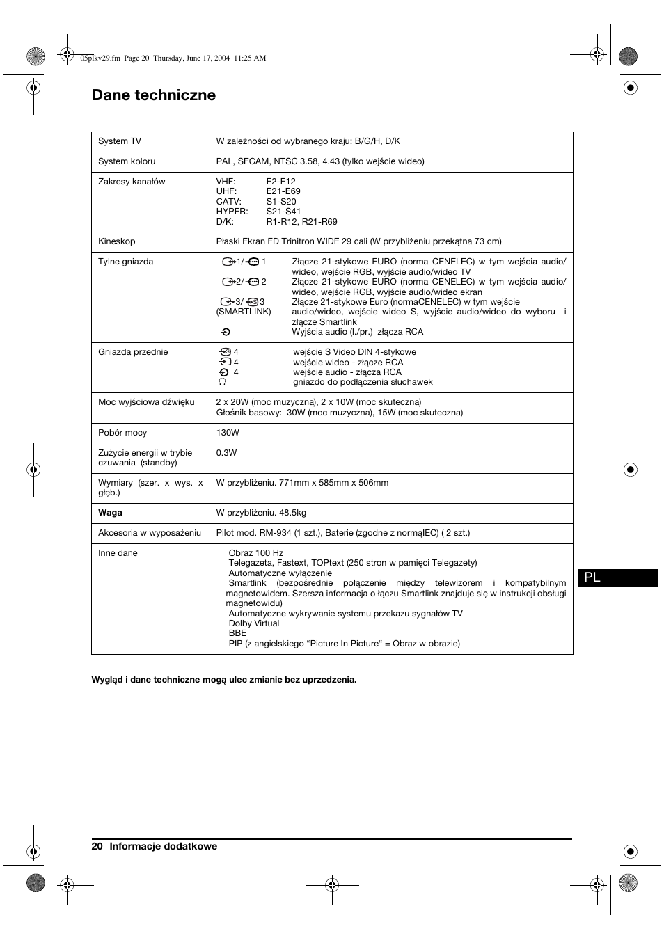 Dane techniczne | Sony KV-29XL71K User Manual | Page 100 / 124