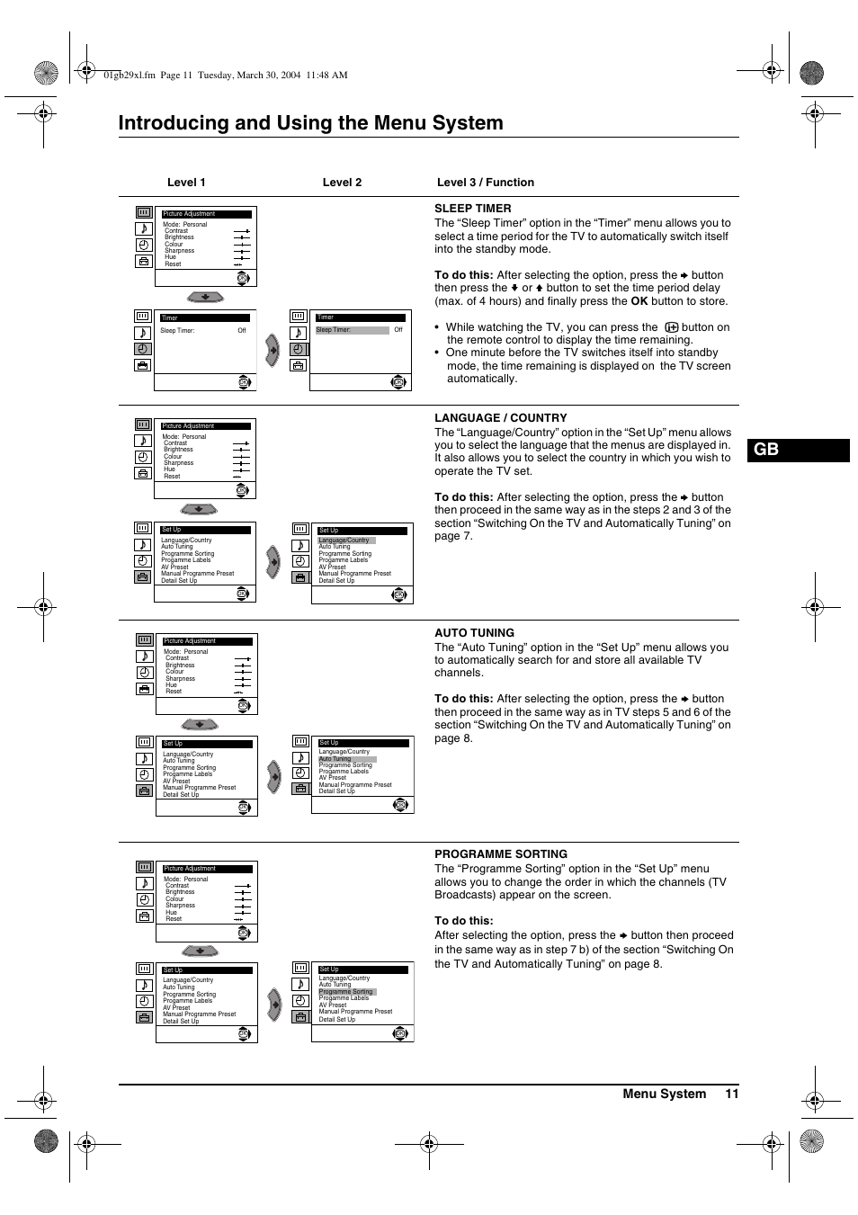 Introducing and using the menu system, Menu system 11 | Sony KV-29XL71K User Manual | Page 11 / 124