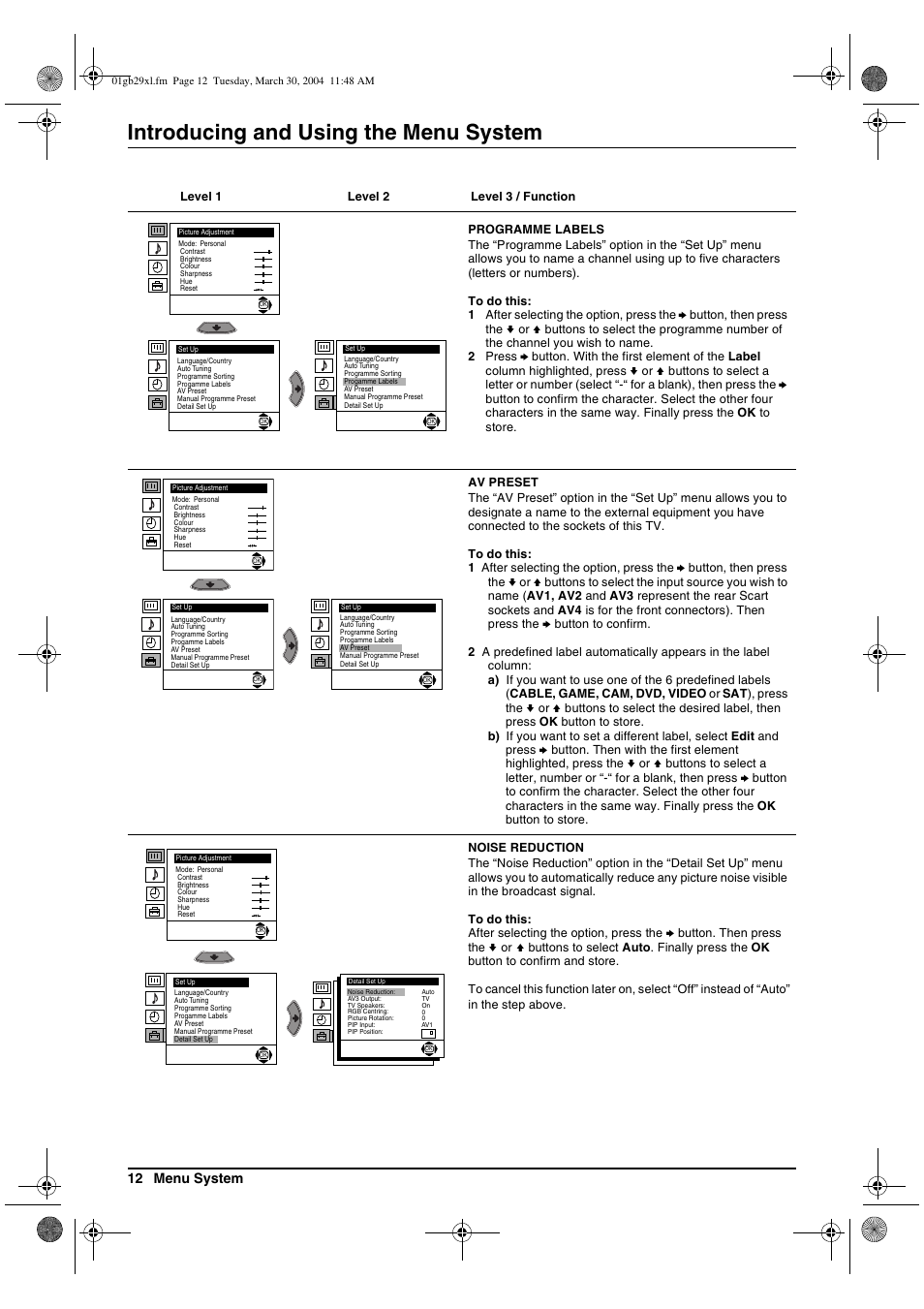 Introducing and using the menu system, 12 menu system | Sony KV-29XL71K User Manual | Page 12 / 124
