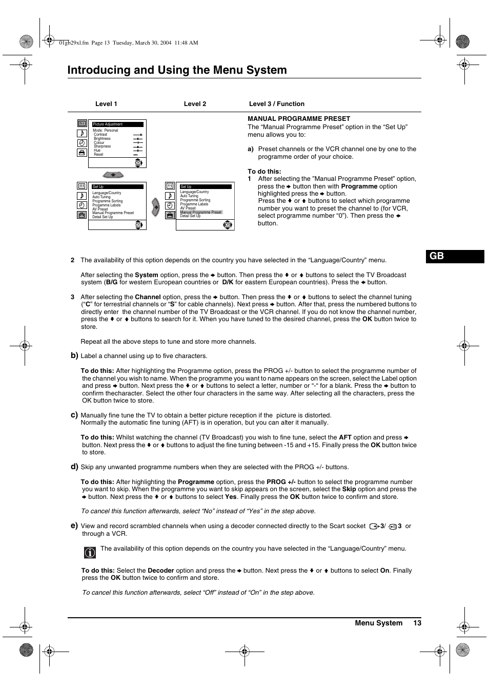 Introducing and using the menu system | Sony KV-29XL71K User Manual | Page 13 / 124