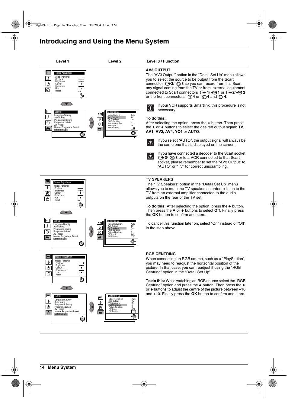 Introducing and using the menu system, 14 menu system | Sony KV-29XL71K User Manual | Page 14 / 124