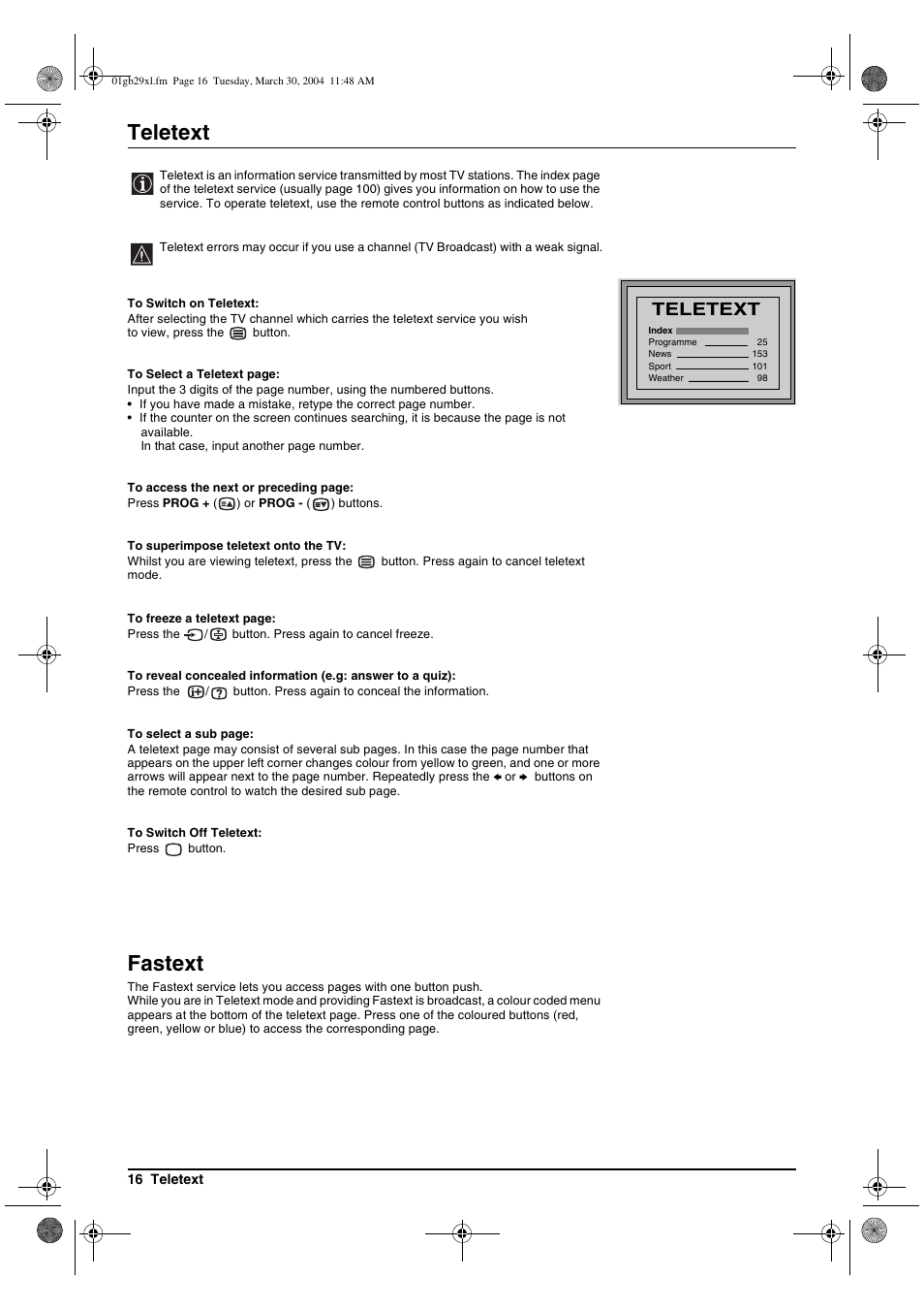 Teletext, Fastext | Sony KV-29XL71K User Manual | Page 16 / 124