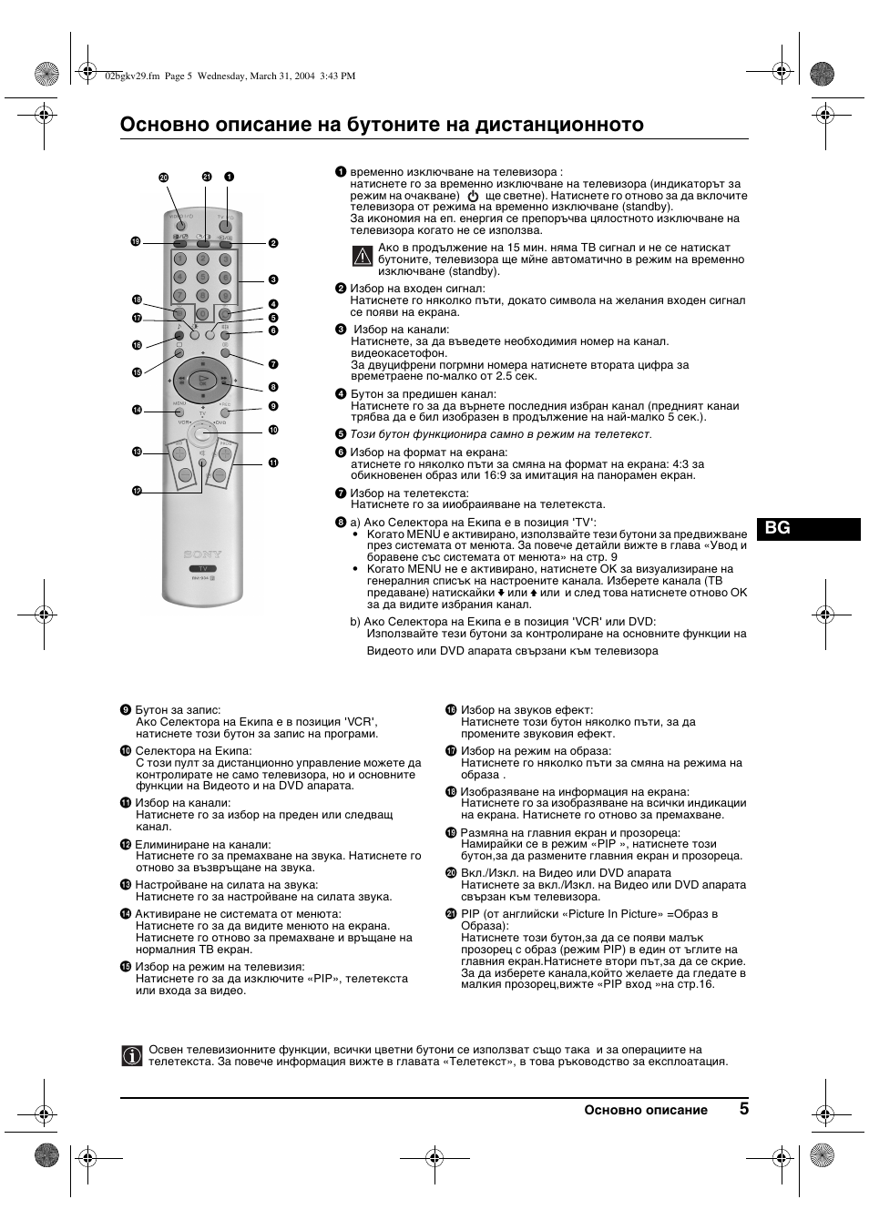 Основно описание на бутоните на дистанционното | Sony KV-29XL71K User Manual | Page 25 / 124