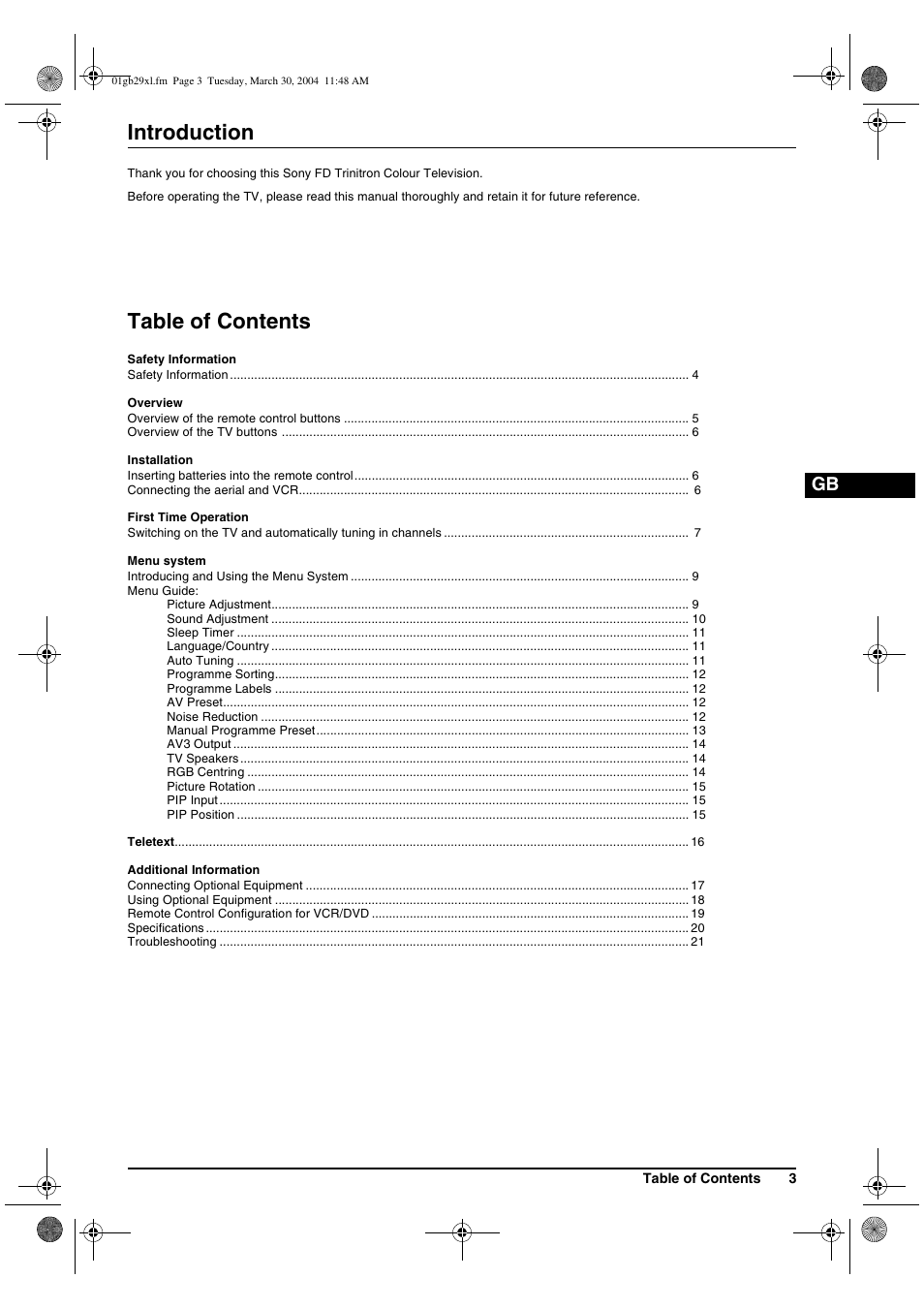 Sony KV-29XL71K User Manual | Page 3 / 124