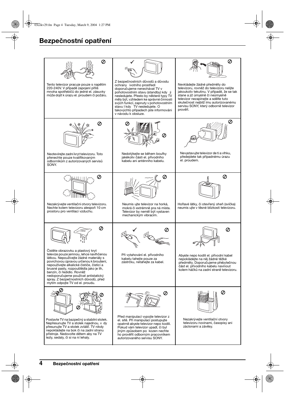Bezpečnostní opatření | Sony KV-29XL71K User Manual | Page 44 / 124