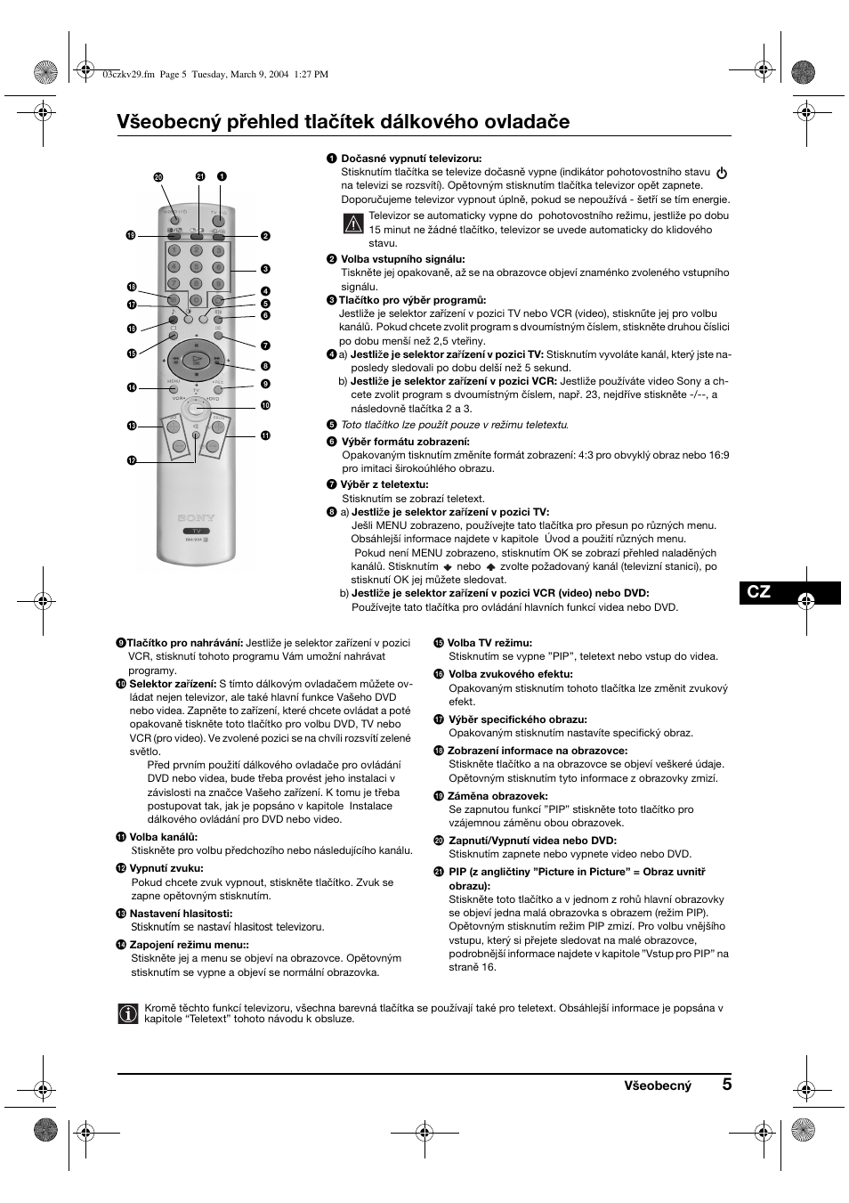 Všeobecný přehled tlačítek dálkového ovladače | Sony KV-29XL71K User Manual | Page 45 / 124
