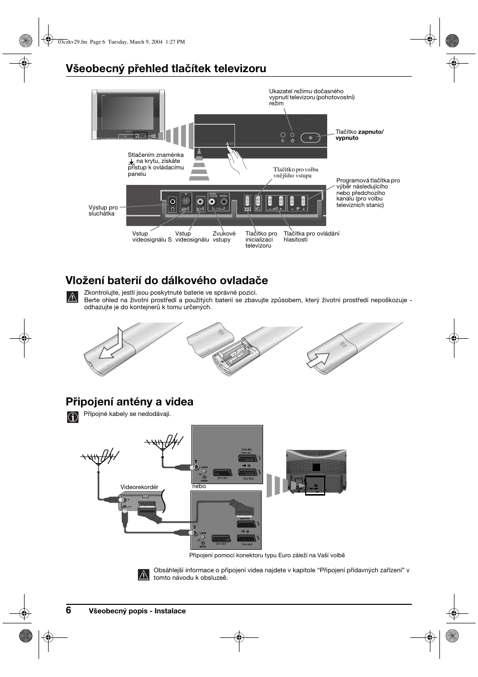 Všeobecný přehled tlačítek televizoru, Vložení baterií do dálkového ovladače, Připojení antény a videa | Sony KV-29XL71K User Manual | Page 46 / 124