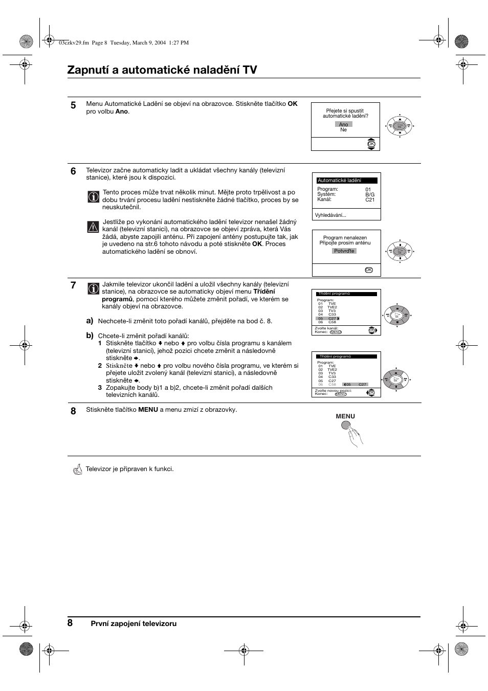 Zapnutí a automatické naladění tv | Sony KV-29XL71K User Manual | Page 48 / 124