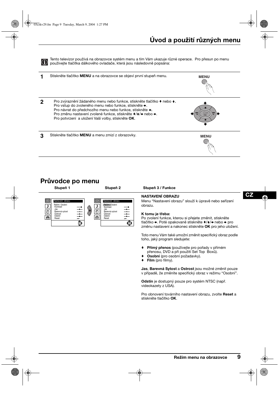 Úvod a použití různých menu, Průvodce po menu | Sony KV-29XL71K User Manual | Page 49 / 124