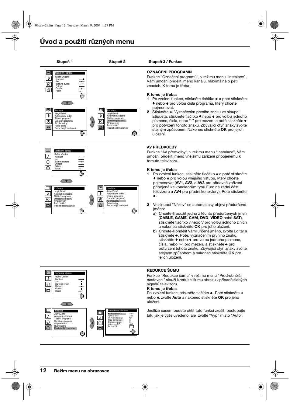 Úvod a použití různých menu, Režim menu na obrazovce | Sony KV-29XL71K User Manual | Page 52 / 124