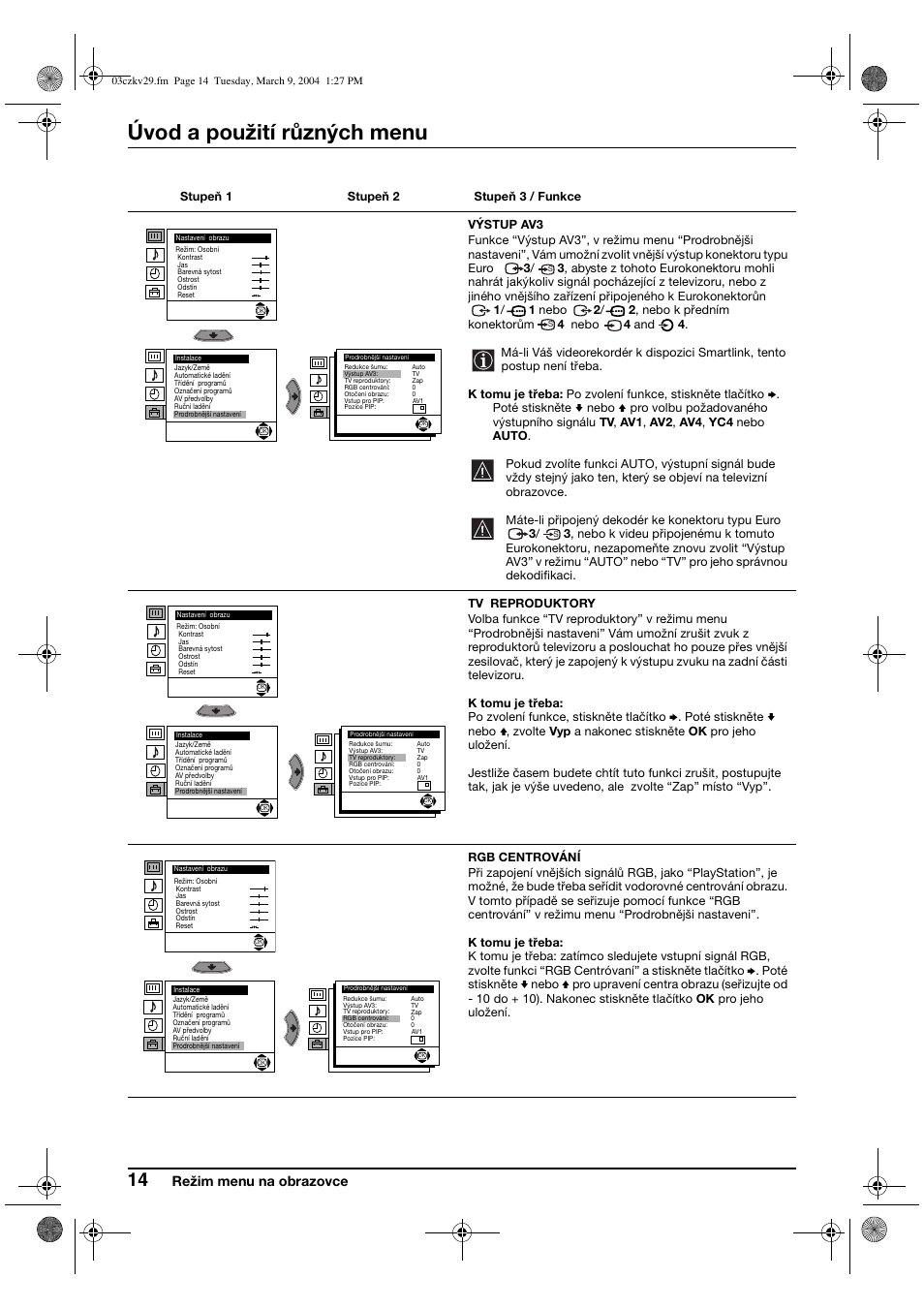 Úvod a použití různých menu, Režim menu na obrazovce | Sony KV-29XL71K User Manual | Page 54 / 124