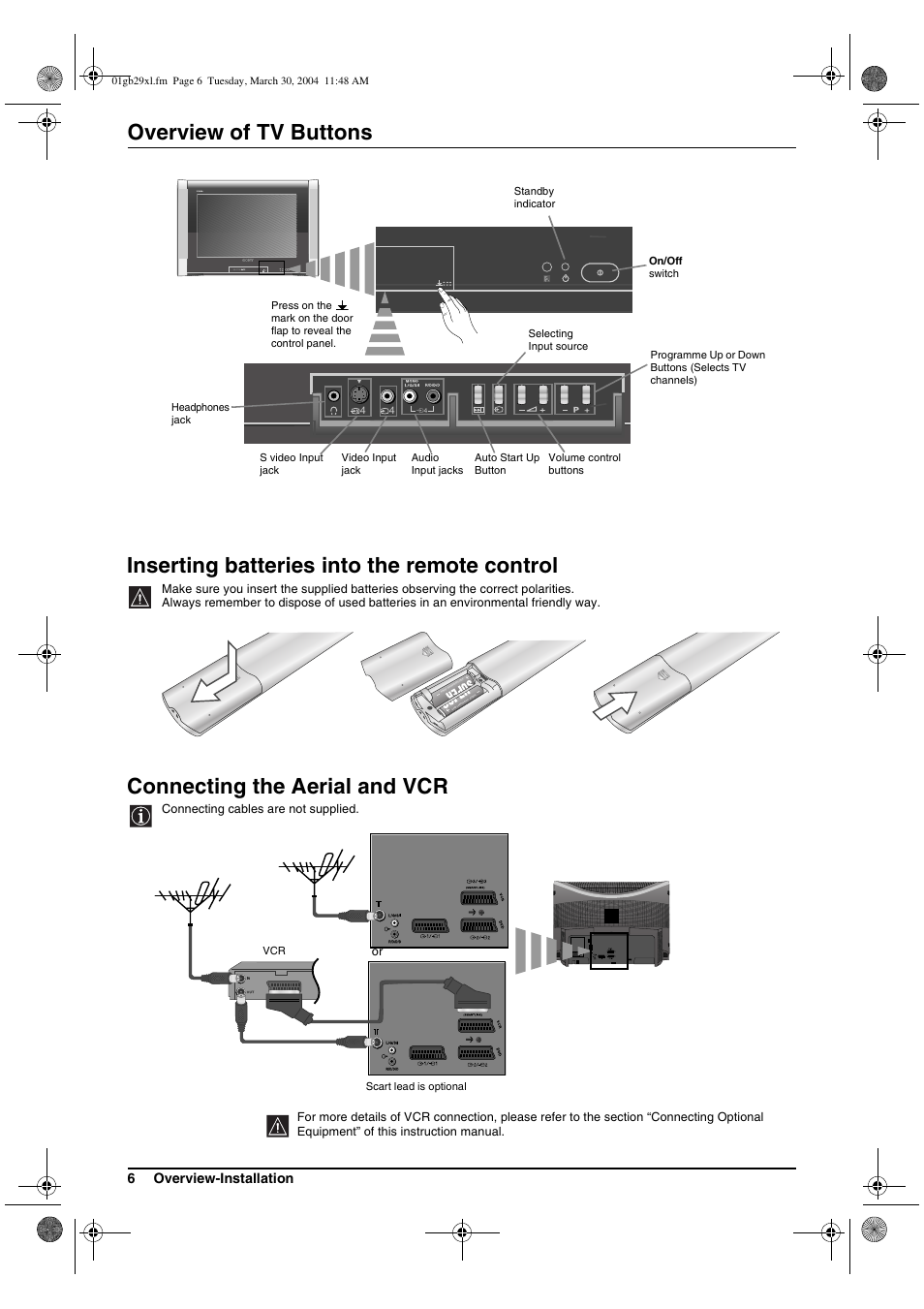 Overview of tv buttons, Inserting batteries into the remote control, Connecting the aerial and vcr | Sony KV-29XL71K User Manual | Page 6 / 124