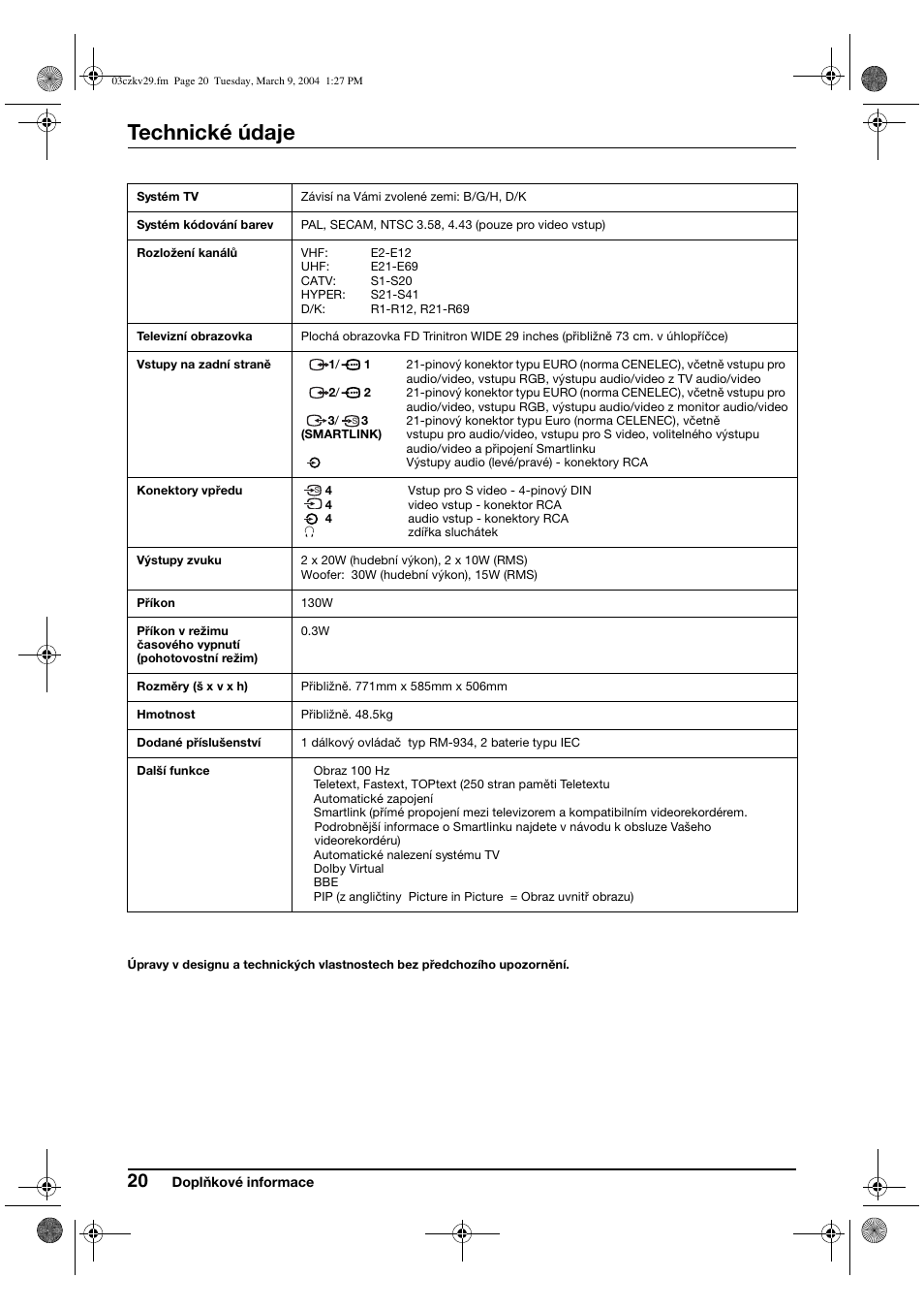 Technické údaje | Sony KV-29XL71K User Manual | Page 60 / 124