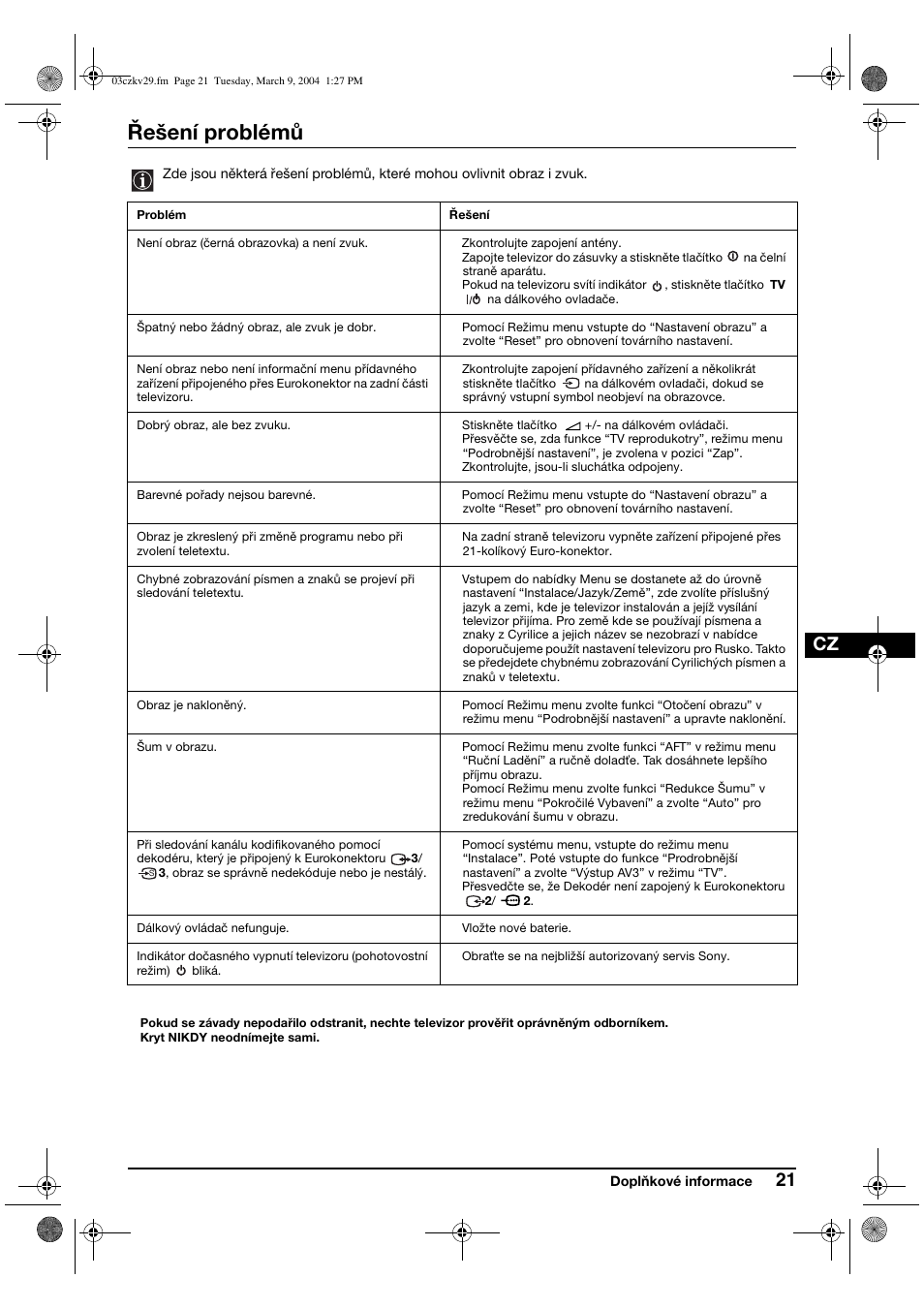 Řešení problémů | Sony KV-29XL71K User Manual | Page 61 / 124