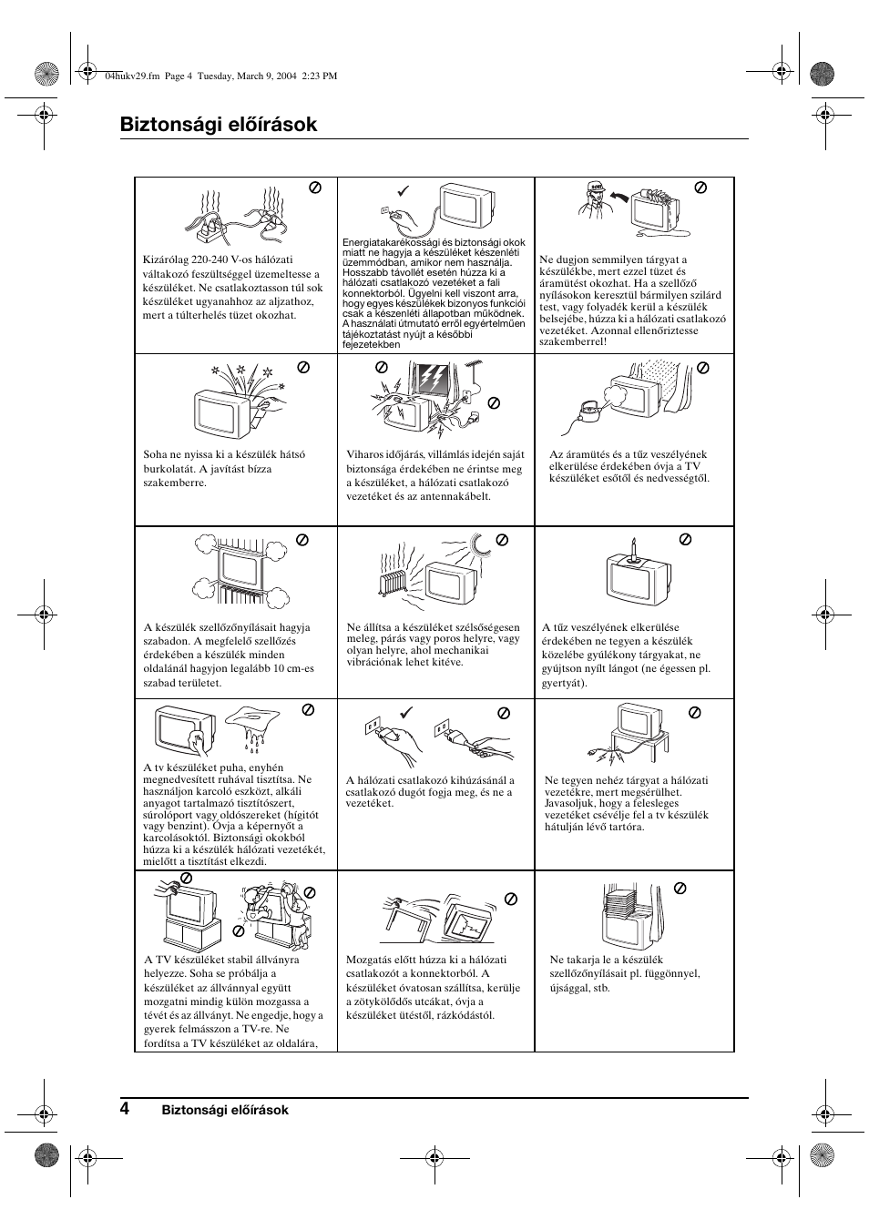 Biztonsági előírások | Sony KV-29XL71K User Manual | Page 64 / 124