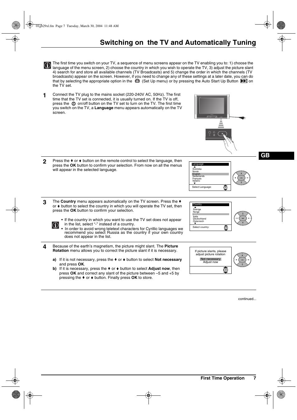 Switching on the tv and automatically tuning | Sony KV-29XL71K User Manual | Page 7 / 124