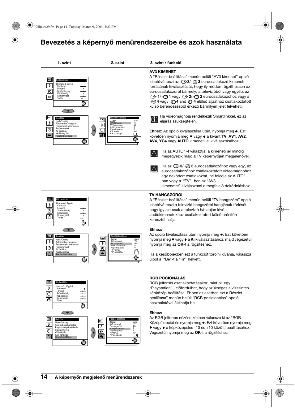 A képernyőn megjelenő menürendszerek | Sony KV-29XL71K User Manual | Page 74 / 124