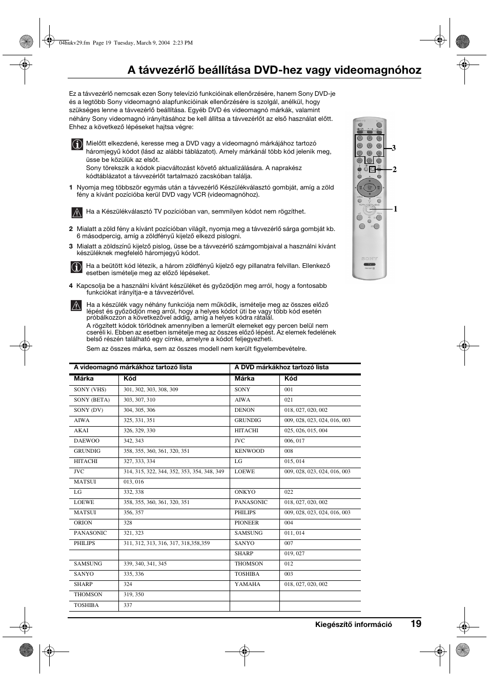 A távvezérlő beállítása dvd-hez vagy videomagnóhoz | Sony KV-29XL71K User Manual | Page 79 / 124
