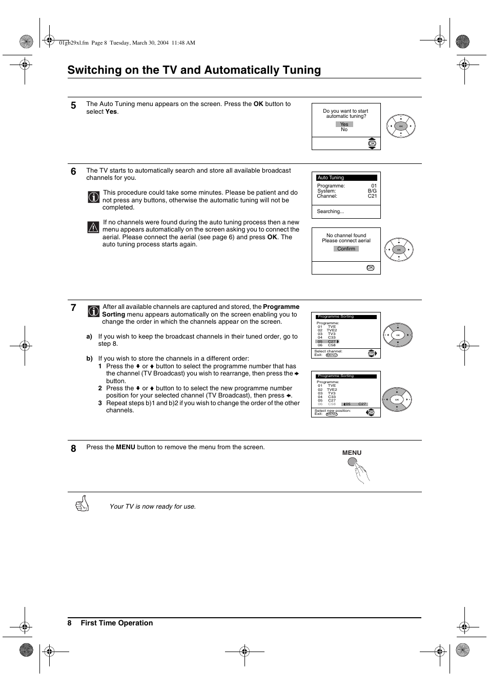 Switching on the tv and automatically tuning | Sony KV-29XL71K User Manual | Page 8 / 124