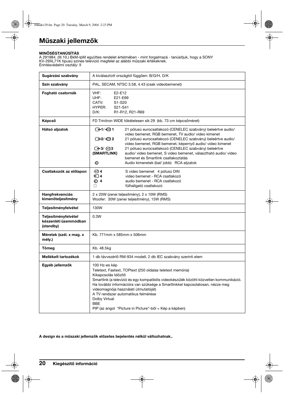 Műszaki jellemzők | Sony KV-29XL71K User Manual | Page 80 / 124