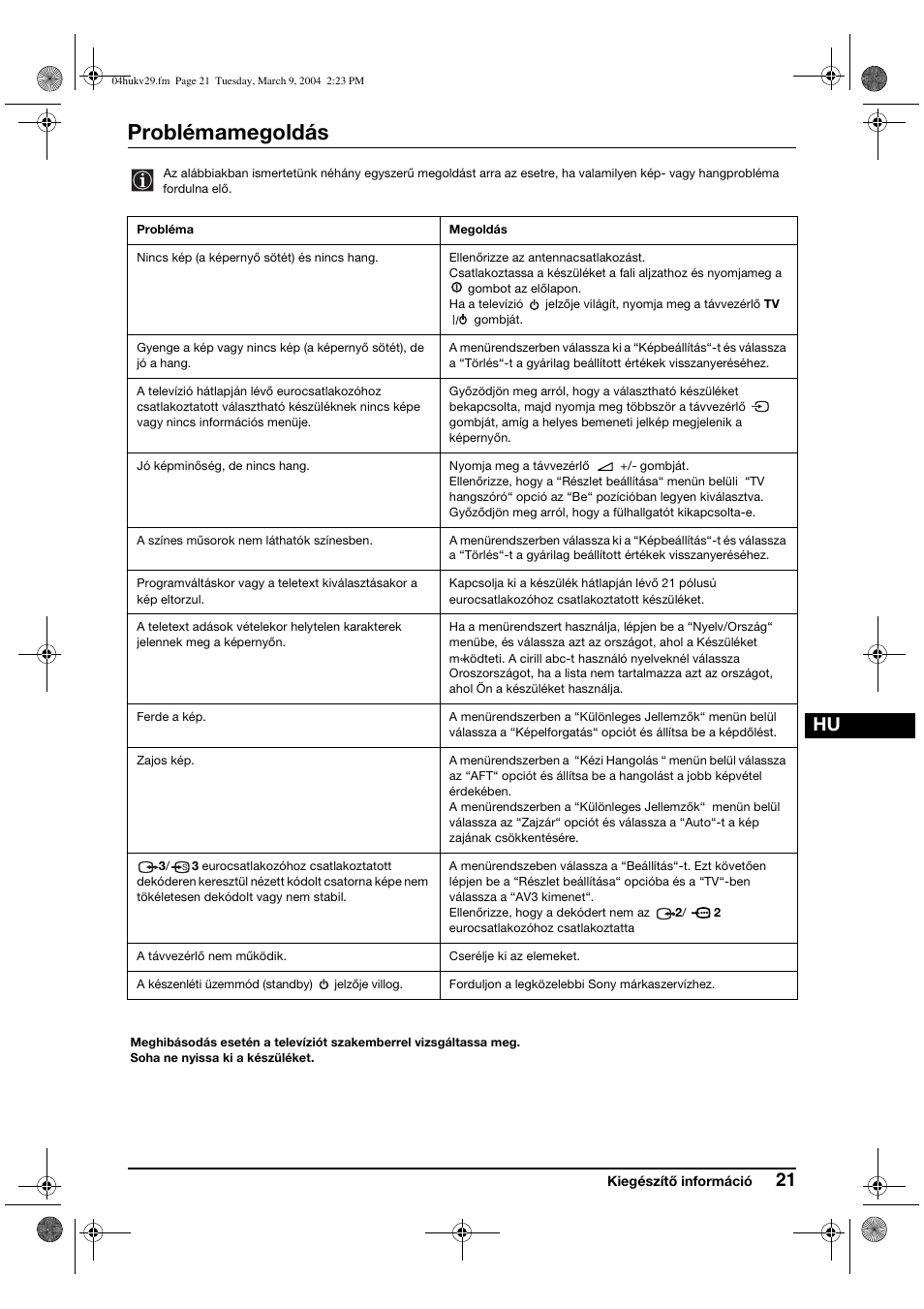 Problémamegoldás | Sony KV-29XL71K User Manual | Page 81 / 124