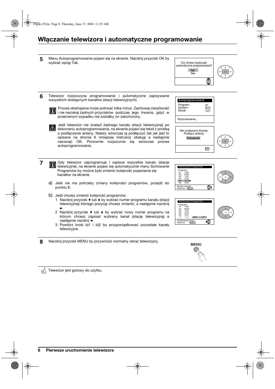 Włączanie telewizora i automatyczne programowanie | Sony KV-29XL71K User Manual | Page 88 / 124