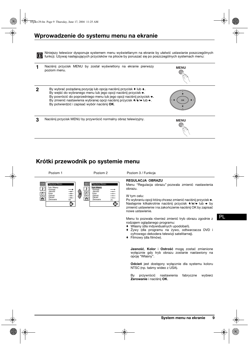 Wprowadzenie do systemu menu na ekranie, Krótki przewodnik po systemie menu | Sony KV-29XL71K User Manual | Page 89 / 124
