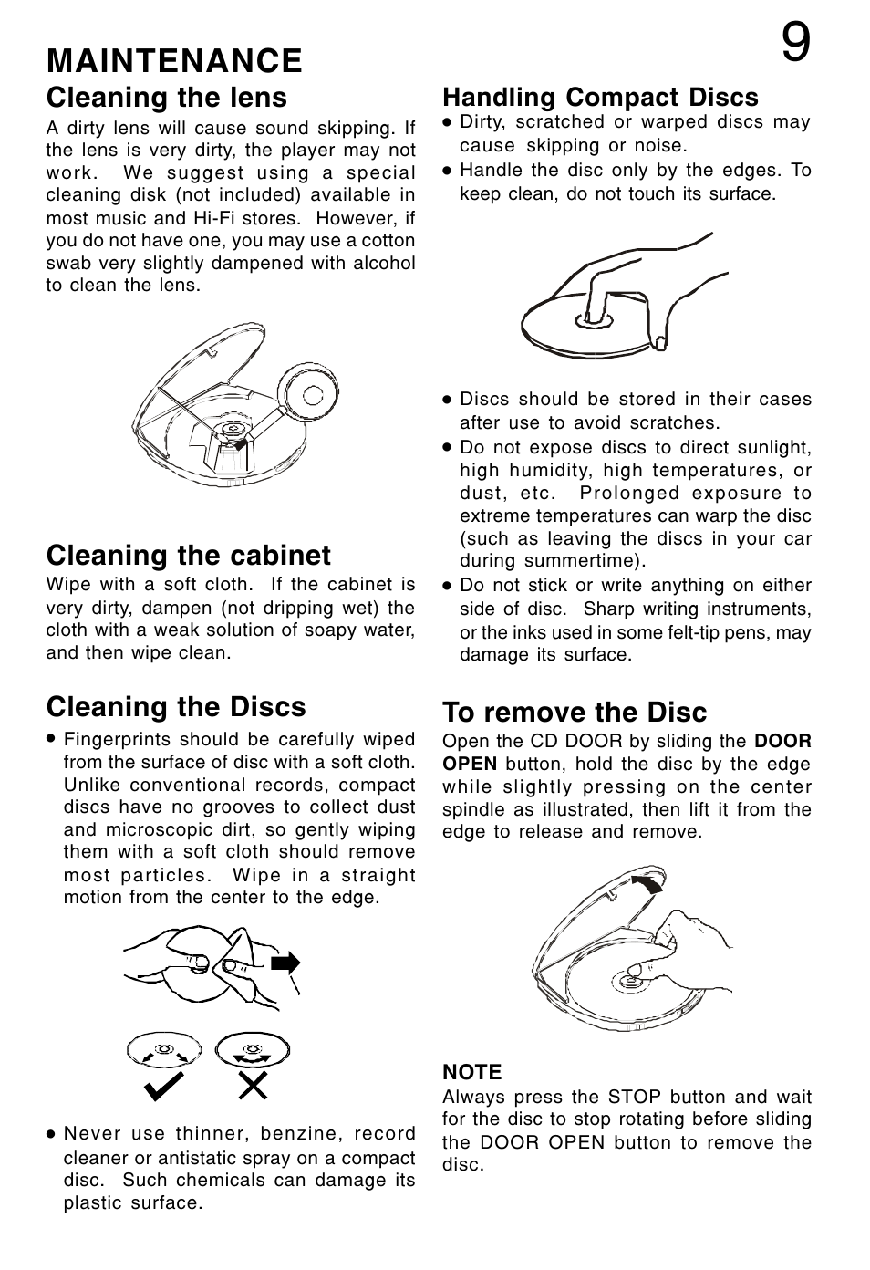 Maintenance, Cleaning the cabinet, Cleaning the lens | Cleaning the discs, Handling compact discs | Lenoxx Electronics CD-52 User Manual | Page 10 / 14