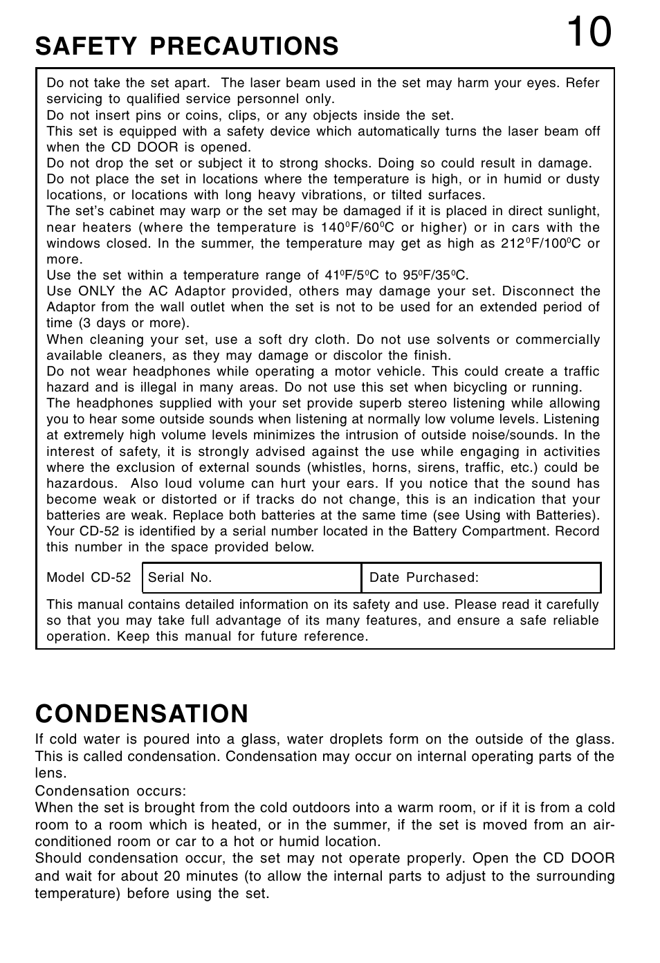 Condensation, Safety precautions | Lenoxx Electronics CD-52 User Manual | Page 11 / 14