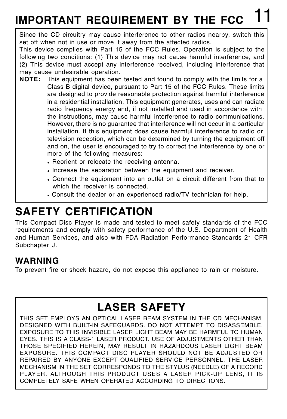 Safety certification, Laser safety, Important requirement by the fcc | Warning | Lenoxx Electronics CD-52 User Manual | Page 12 / 14
