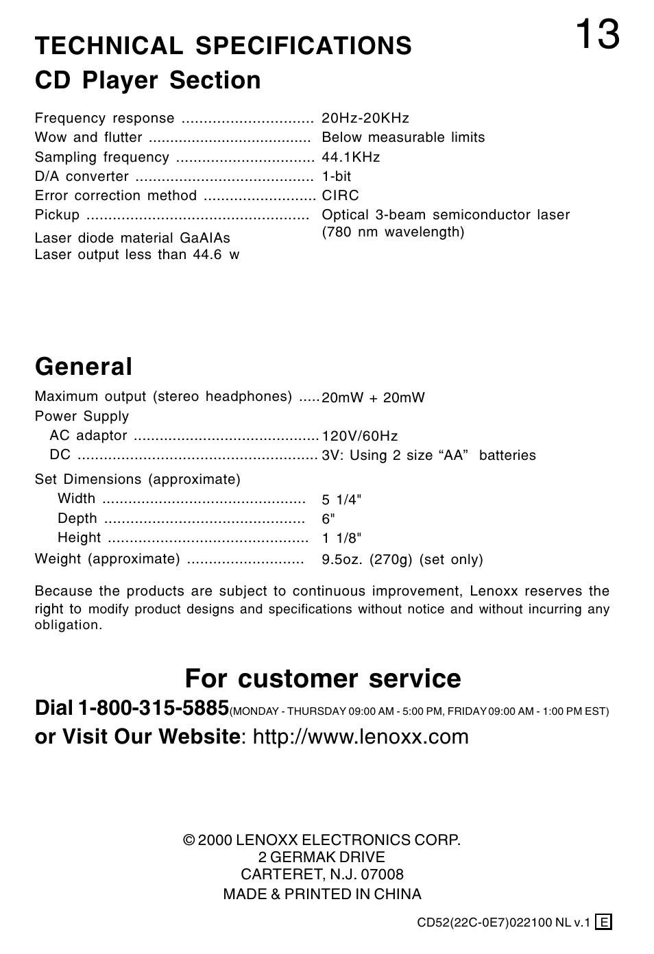 For customer service, General | Lenoxx Electronics CD-52 User Manual | Page 14 / 14