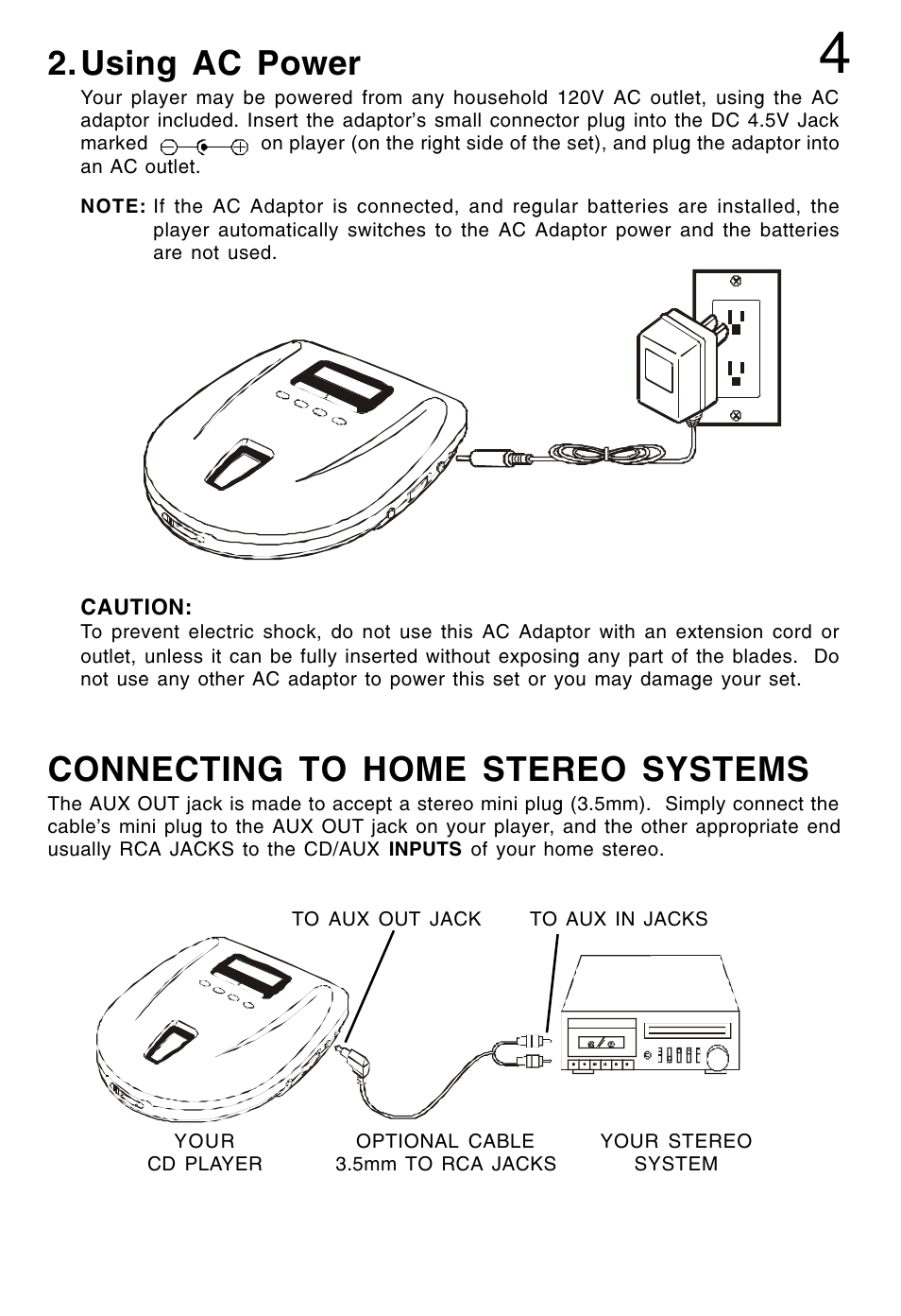 Using ac power, Connecting to home stereo systems | Lenoxx Electronics CD-52 User Manual | Page 5 / 14