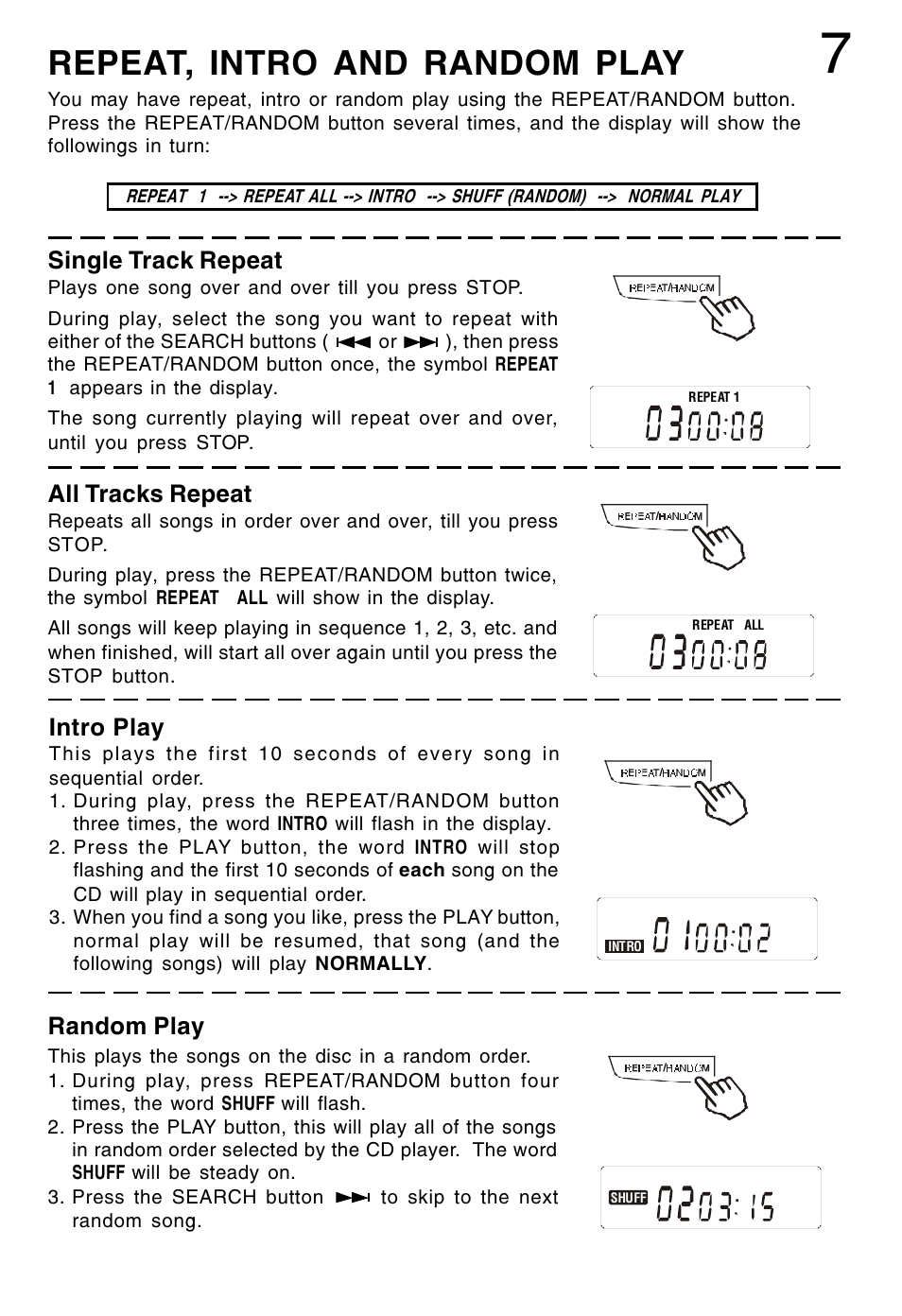 Repeat, intro and random play, Single track repeat, All tracks repeat | Intro play, Random play | Lenoxx Electronics CD-52 User Manual | Page 8 / 14