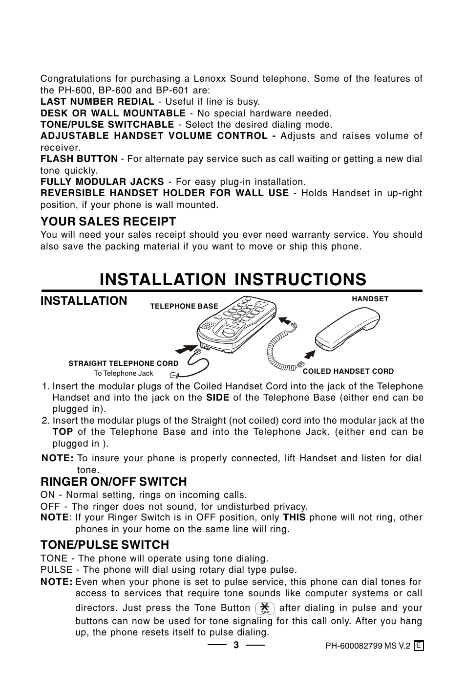 Installation instructions, Your sales receipt, Installation | Ringer on/off switch, Tone/pulse switch | Lenoxx Electronics PH-600 User Manual | Page 4 / 6