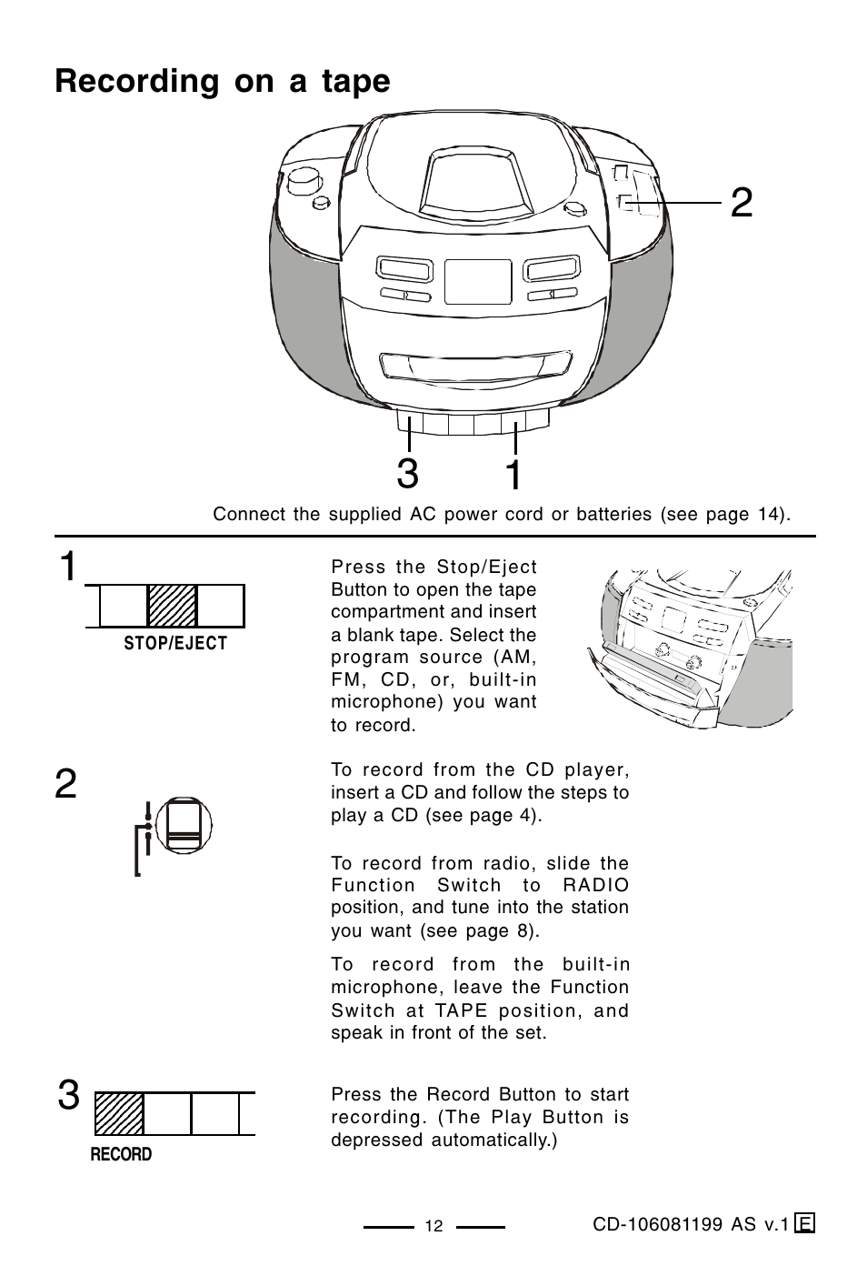 Recording on a tape | Lenoxx Electronics CD-106 User Manual | Page 13 / 20
